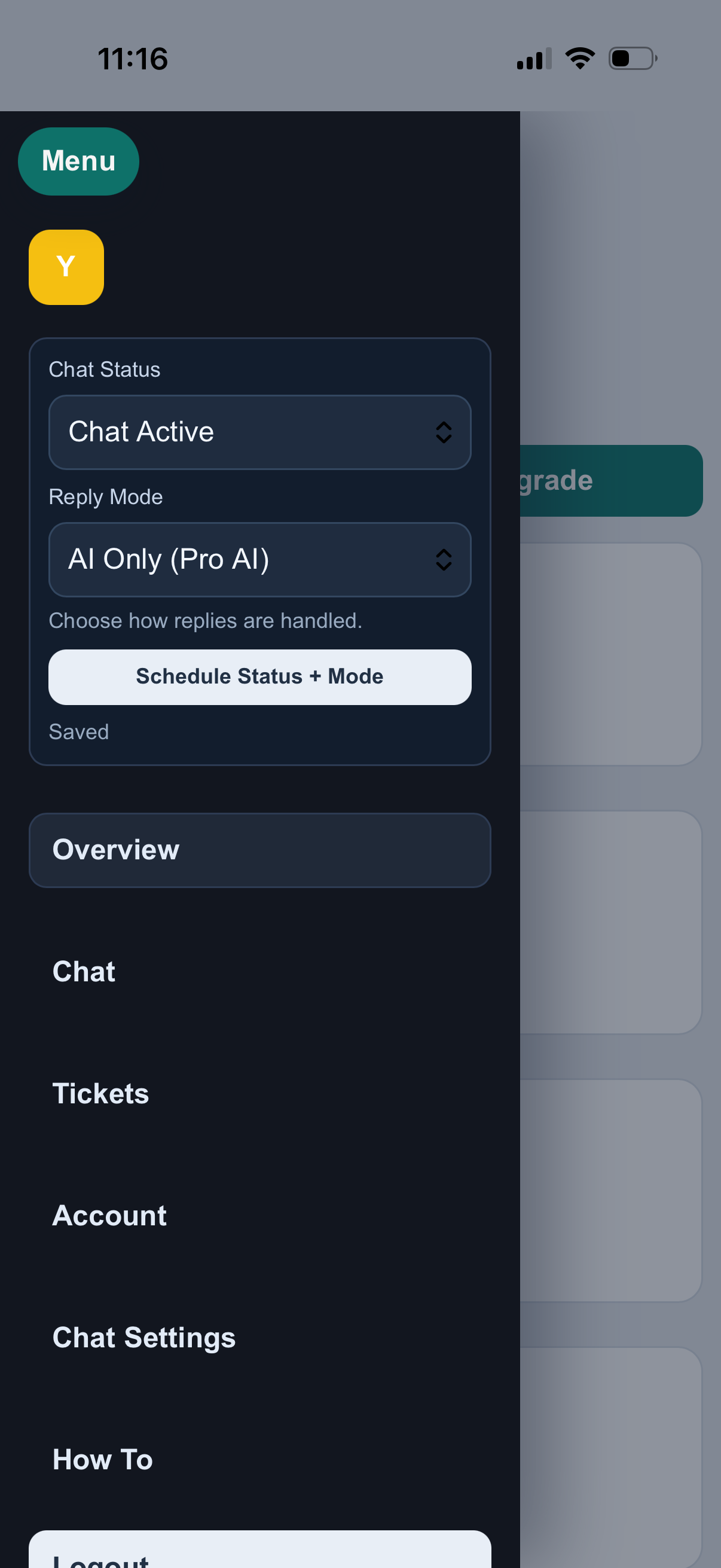 Actual Yapdesk mobile app menu and status controls