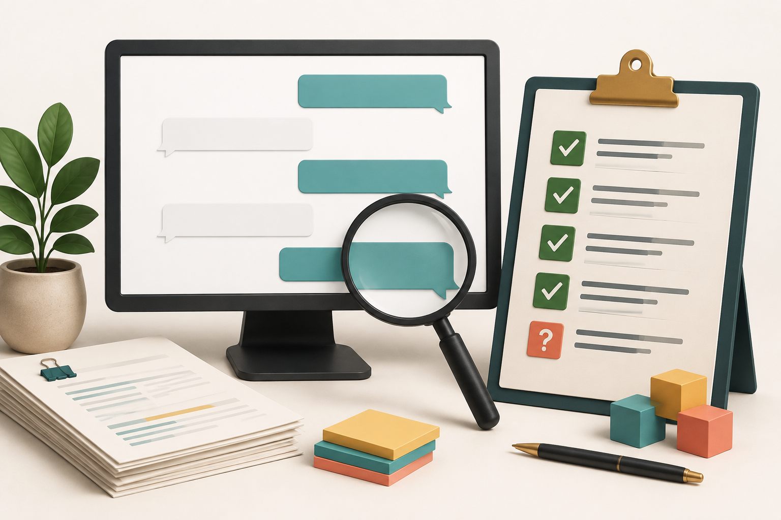 Conceptual illustration of chatbot answers under a magnifying glass beside a checklist with checks and an unresolved question