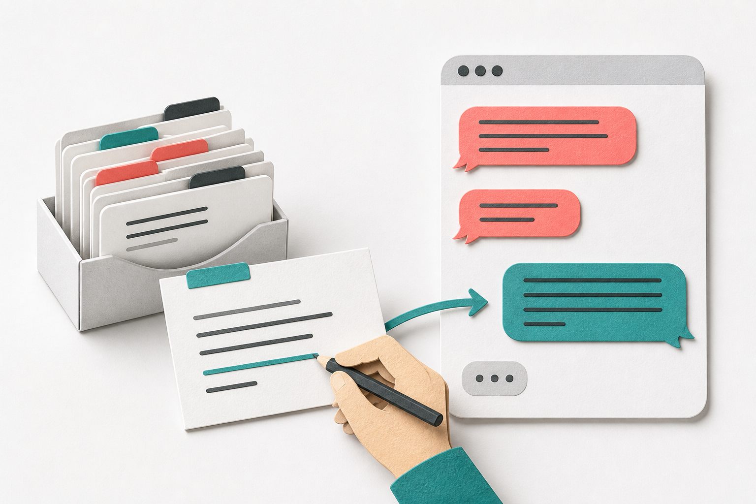 Conceptual library of response cards with a hand editing one draft before it becomes an outgoing chat message