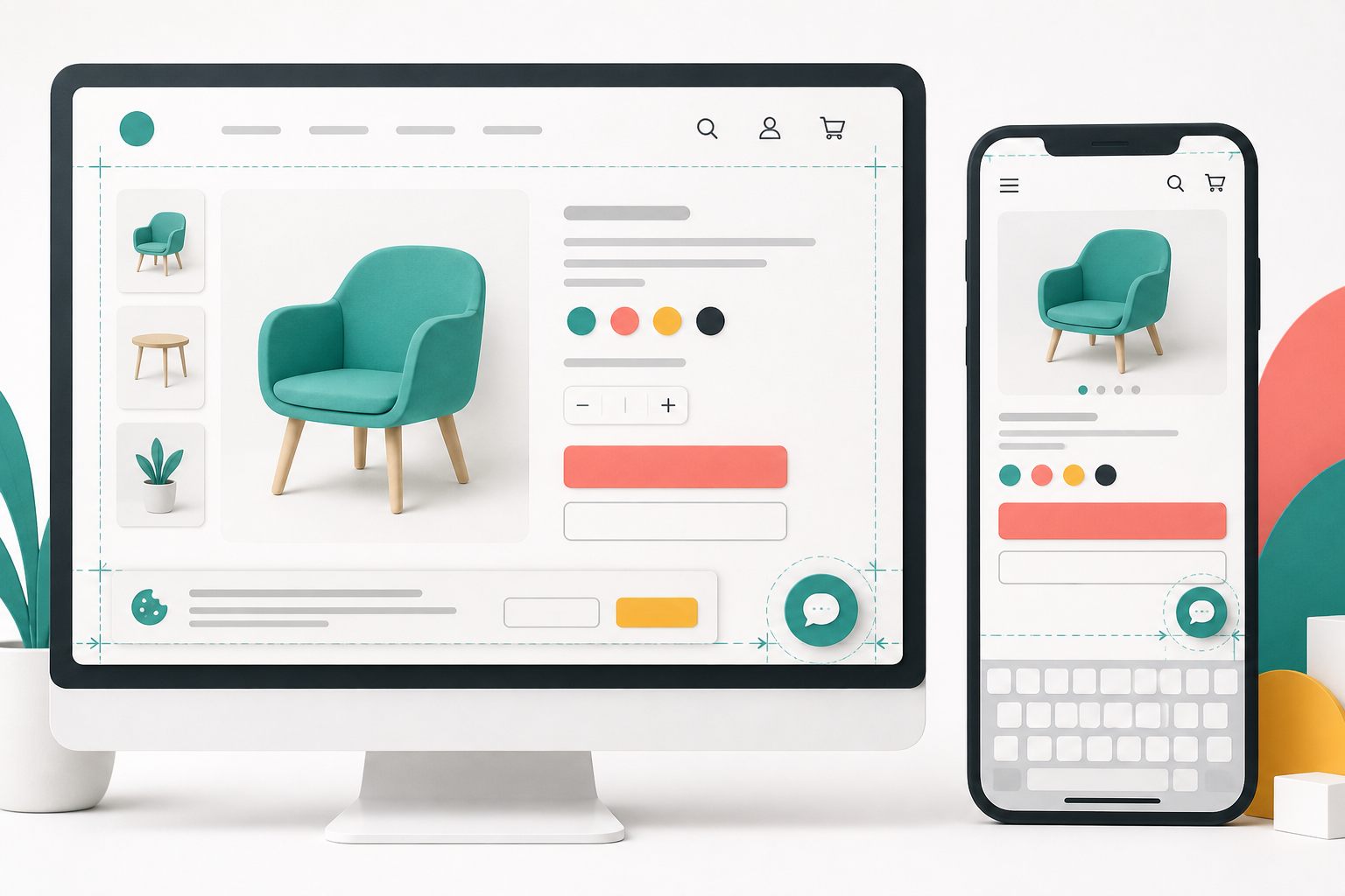 Desktop store and mobile phone layouts showing chat launchers clear of checkout controls, a cookie notice, and the mobile keyboard